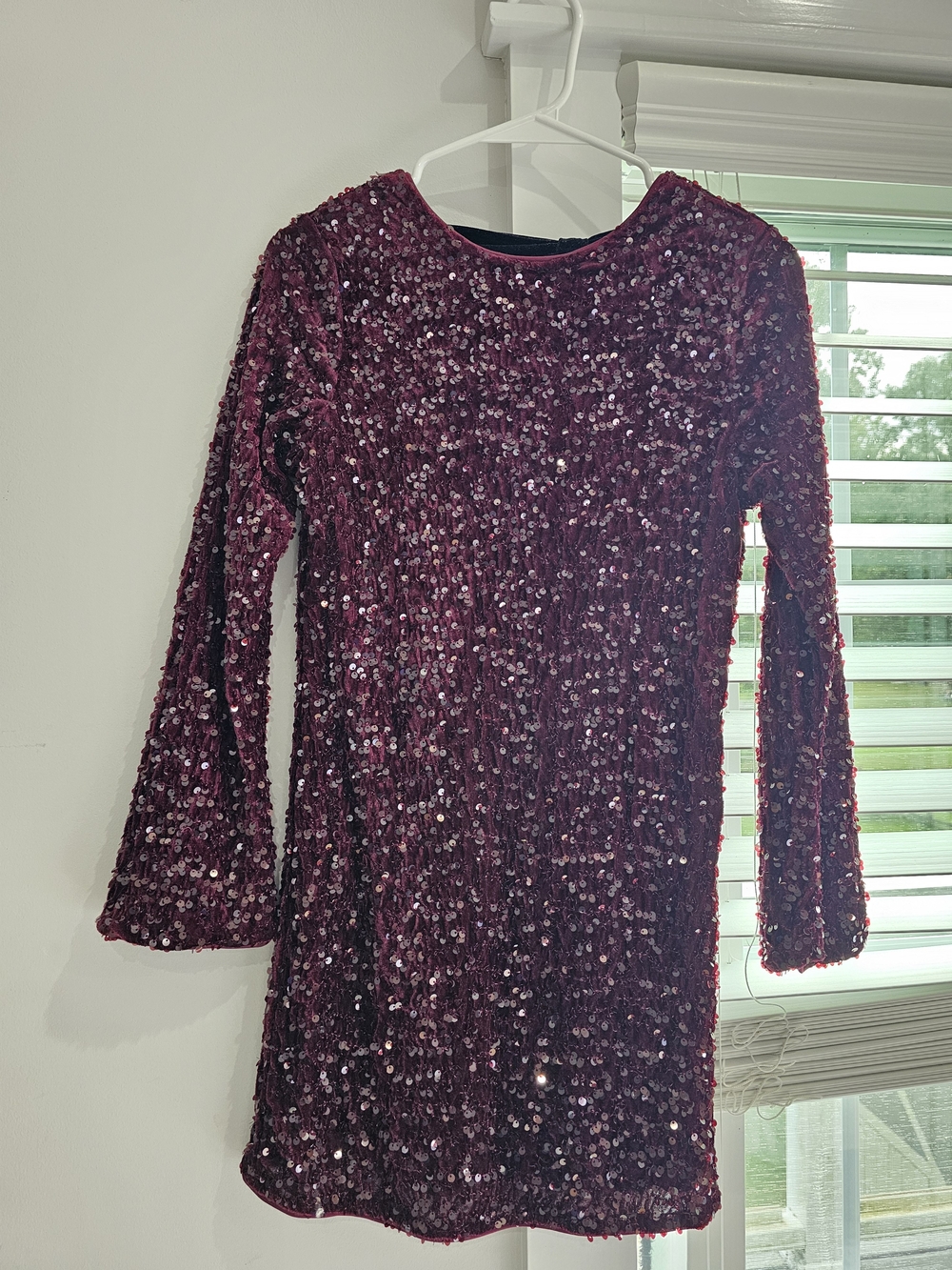 Girls Burgundy Sequin Long-Sleeve Party Dress